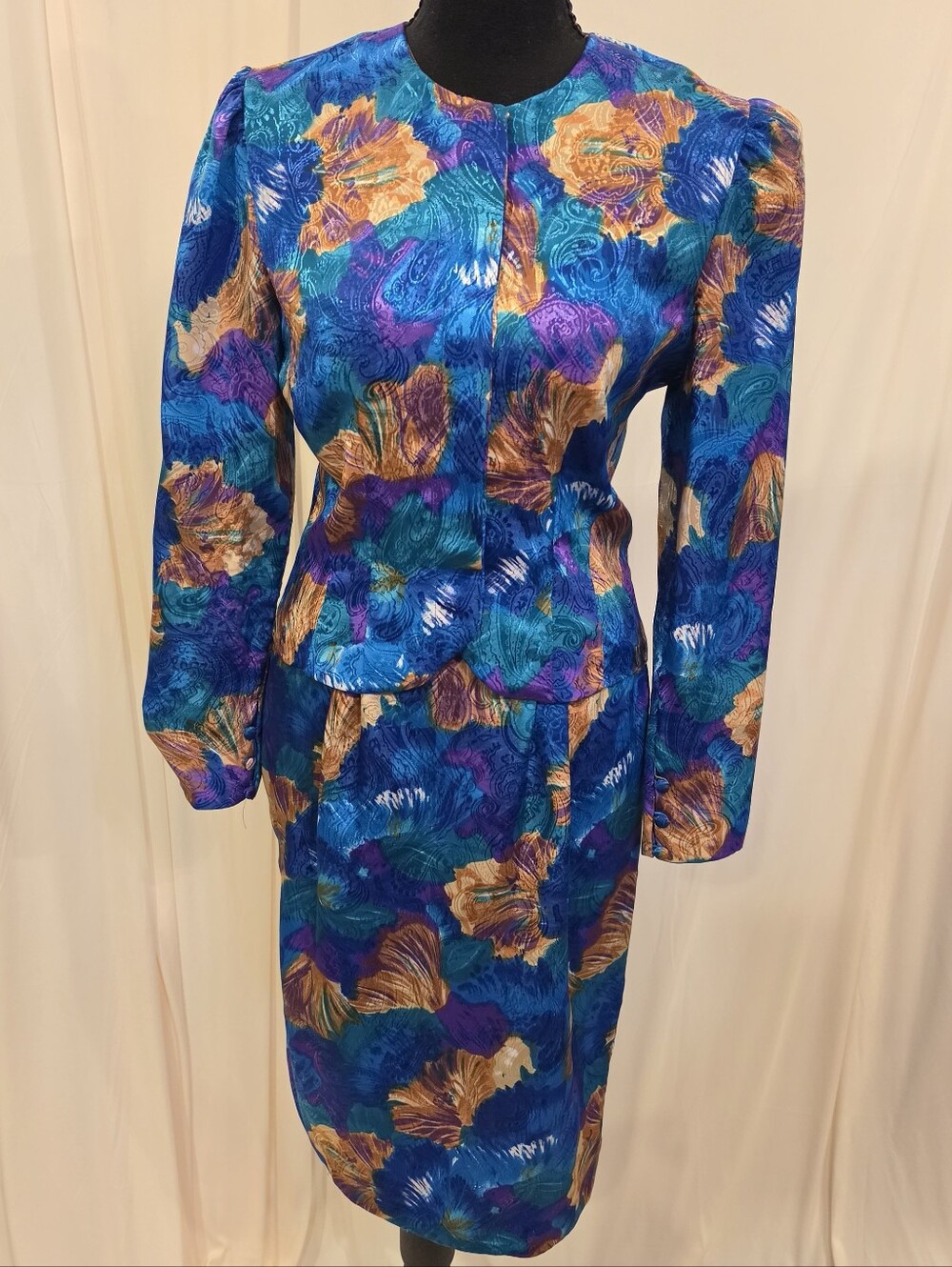 Vtg 80s Jeffrey Craig Skirt Suit Set 4P Abstract Floral Metallic Blue Co-Ord